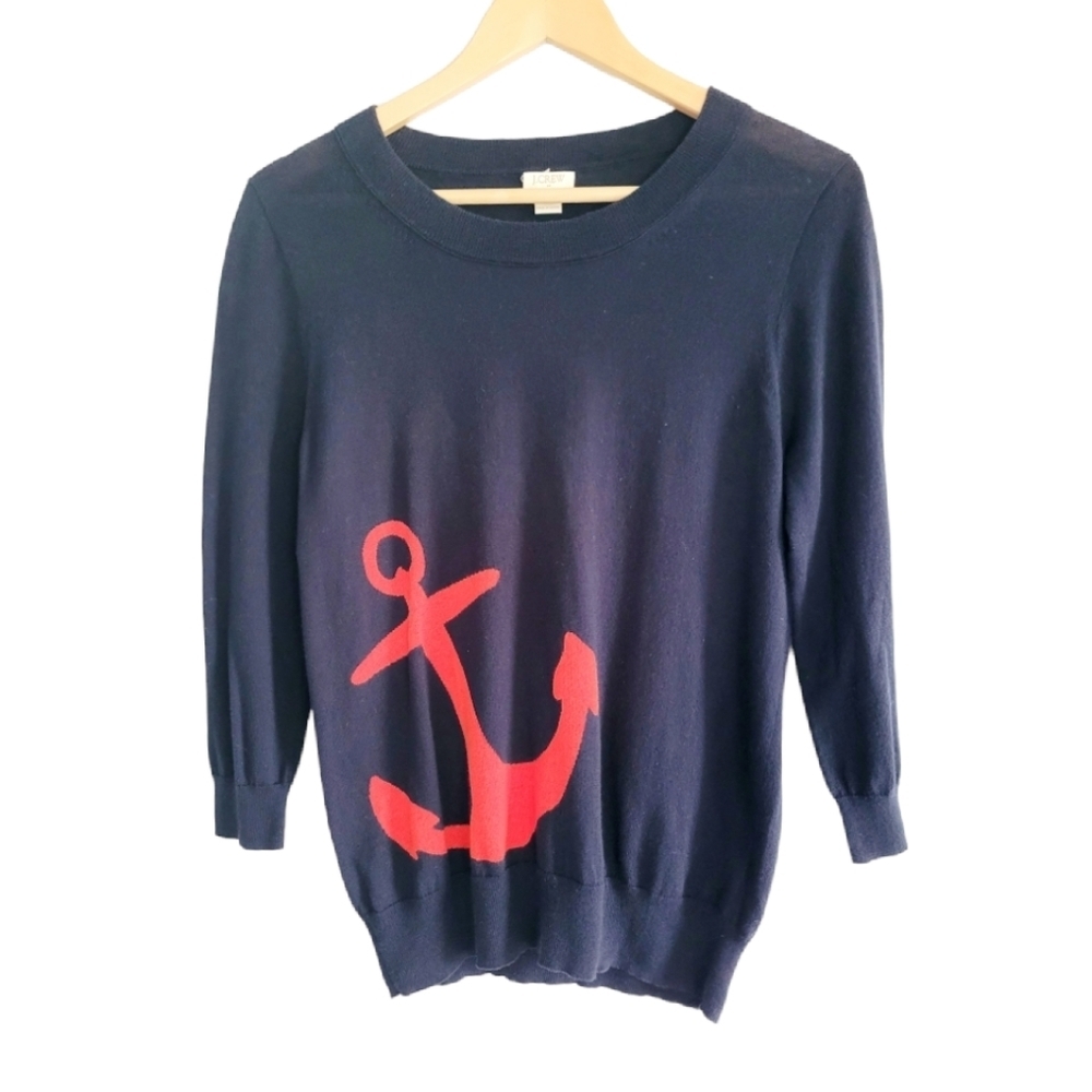 J. Crew Anchor Crew Neck Sweater Navy and Red Size Medium Preppy Classic USA